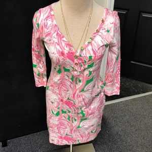 Lilly Pulitzer Flamingo Print Dress XS Pink Green